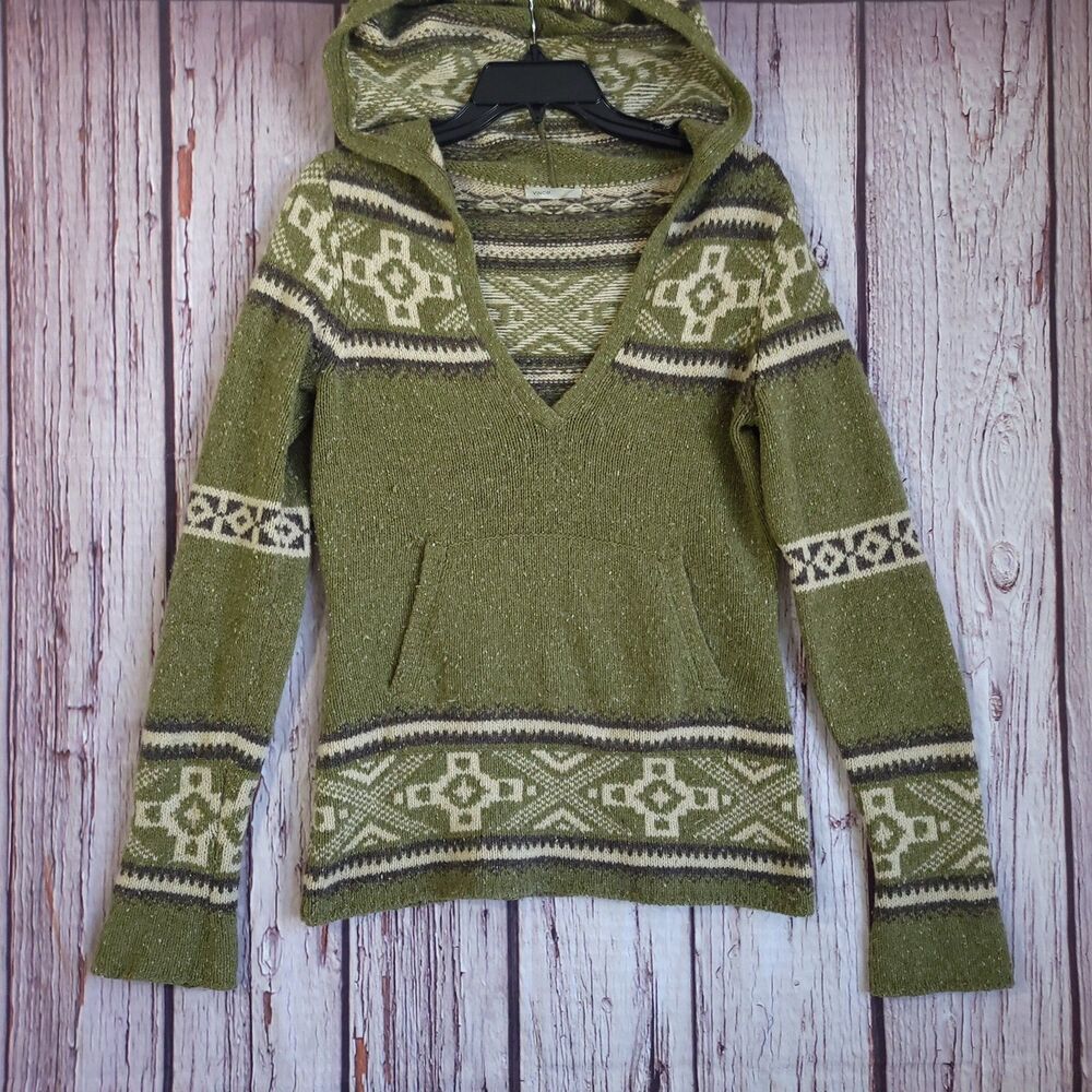 Vince Cashmere Hooded V-Neck Medium Fair Isle Knit Nordic Sweater Womens M Green
